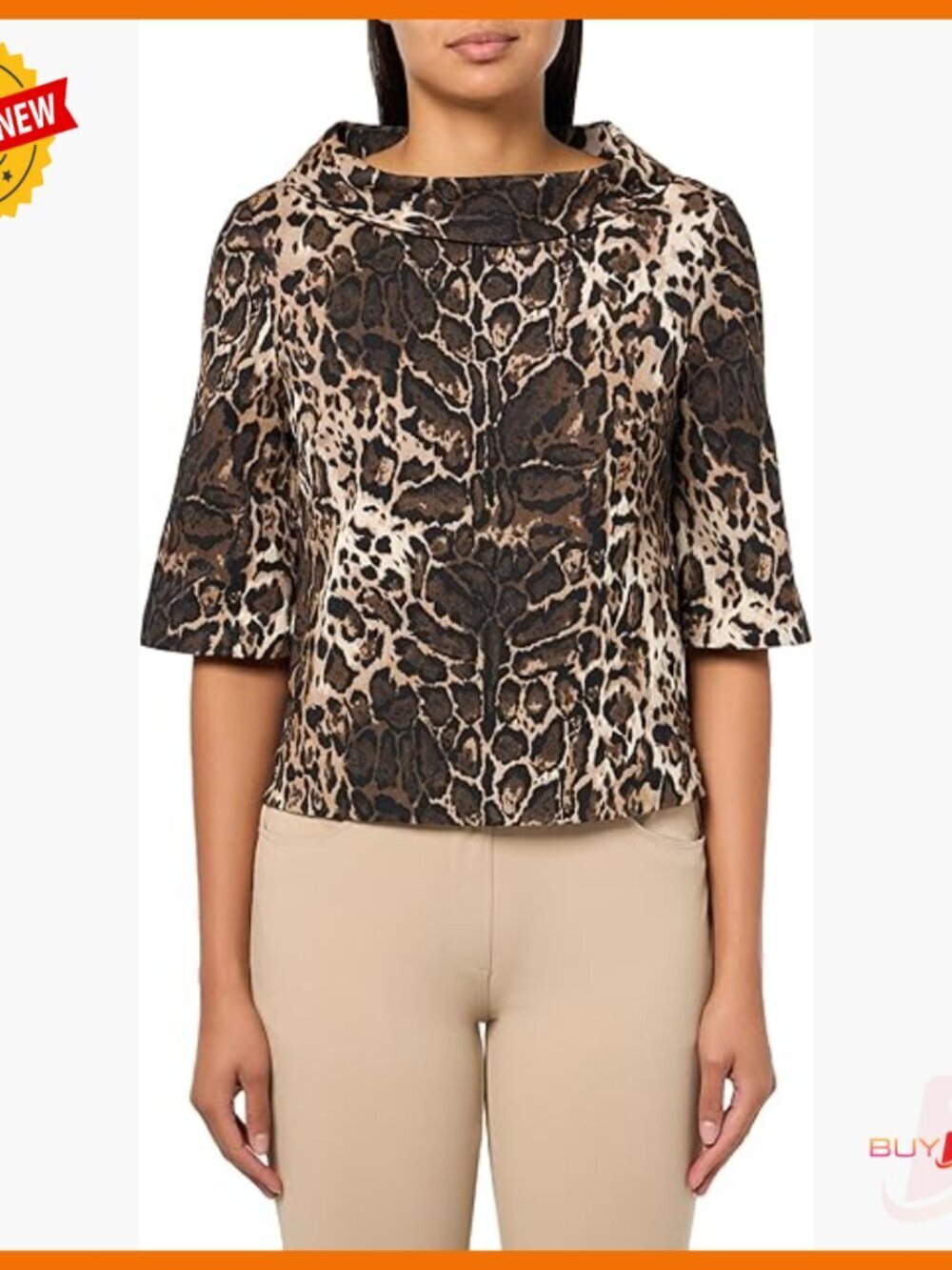 Printed Cotton Top with Elbow Sleeves and Crew Neck